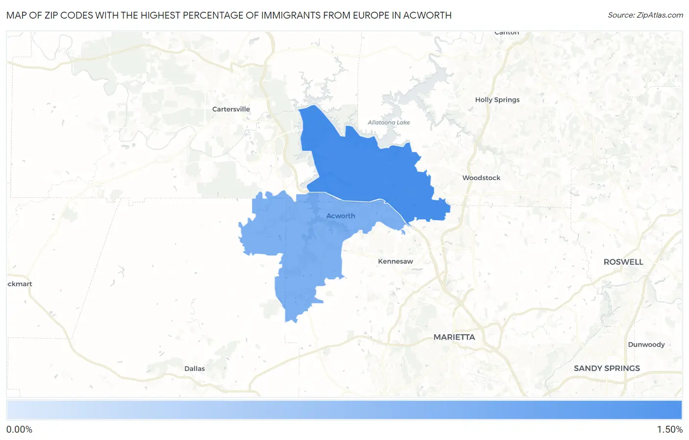 Zip Codes with the Highest Percentage of Immigrants from Europe in Acworth Map