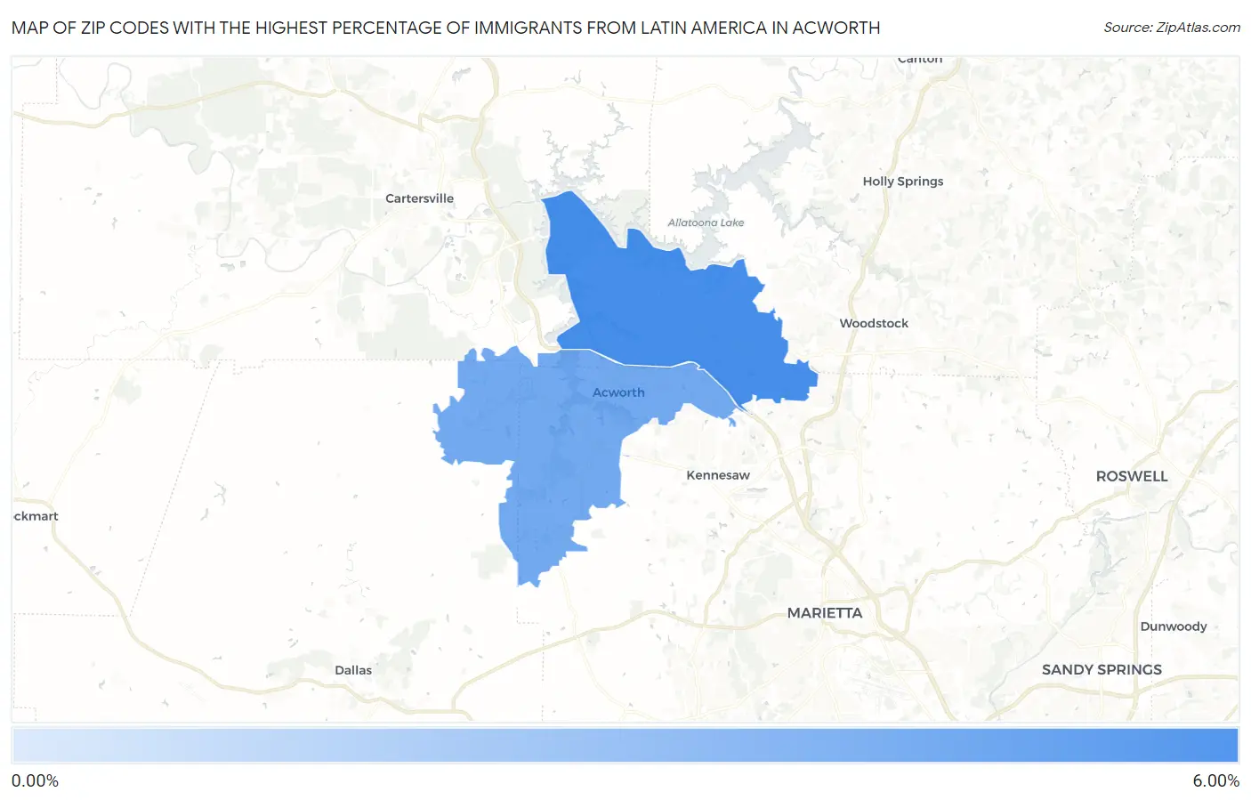 Zip Codes with the Highest Percentage of Immigrants from Latin America in Acworth Map