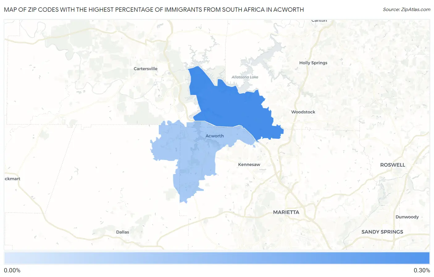 Zip Codes with the Highest Percentage of Immigrants from South Africa in Acworth Map