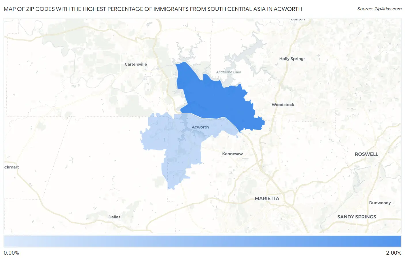 Zip Codes with the Highest Percentage of Immigrants from South Central Asia in Acworth Map