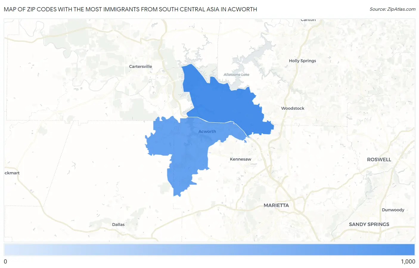 Zip Codes with the Most Immigrants from South Central Asia in Acworth Map