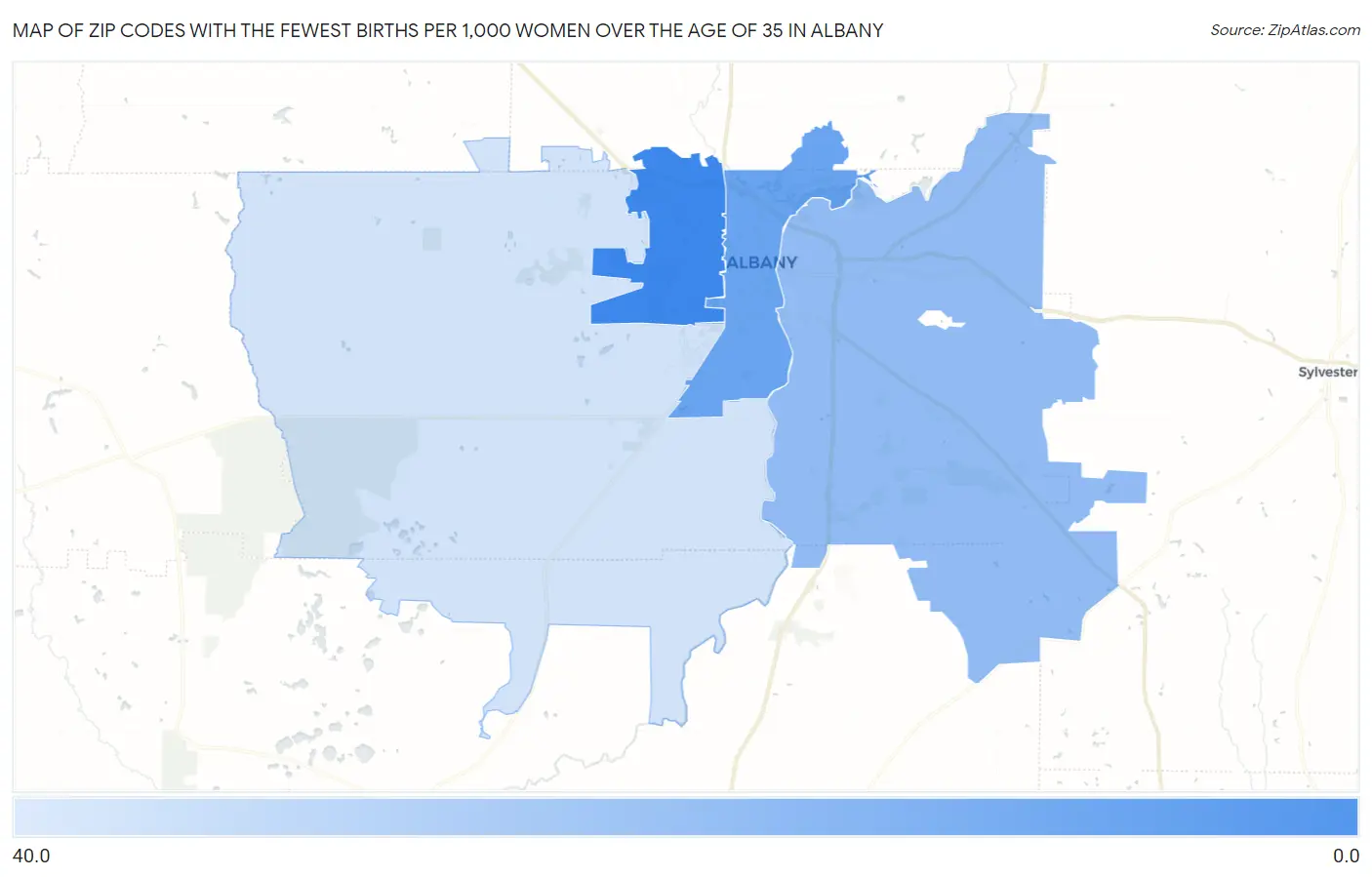 Zip Codes with the Fewest Births per 1,000 Women Over the Age of 35 in Albany Map