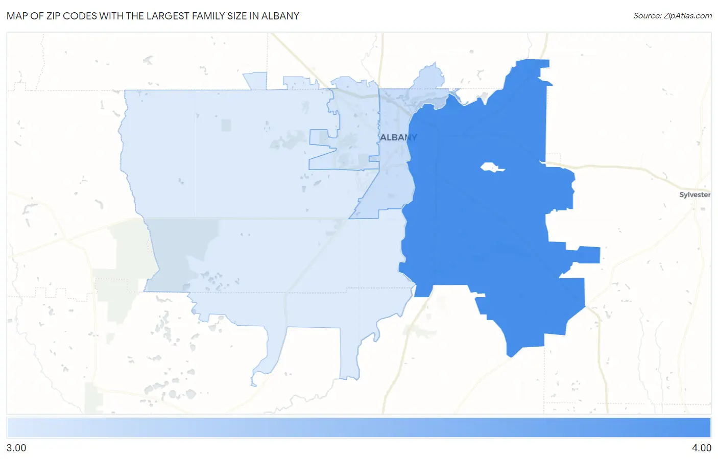 Zip Codes with the Largest Family Size in Albany Map