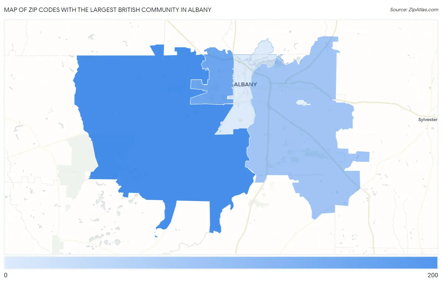 Zip Codes with the Largest British Community in Albany Map