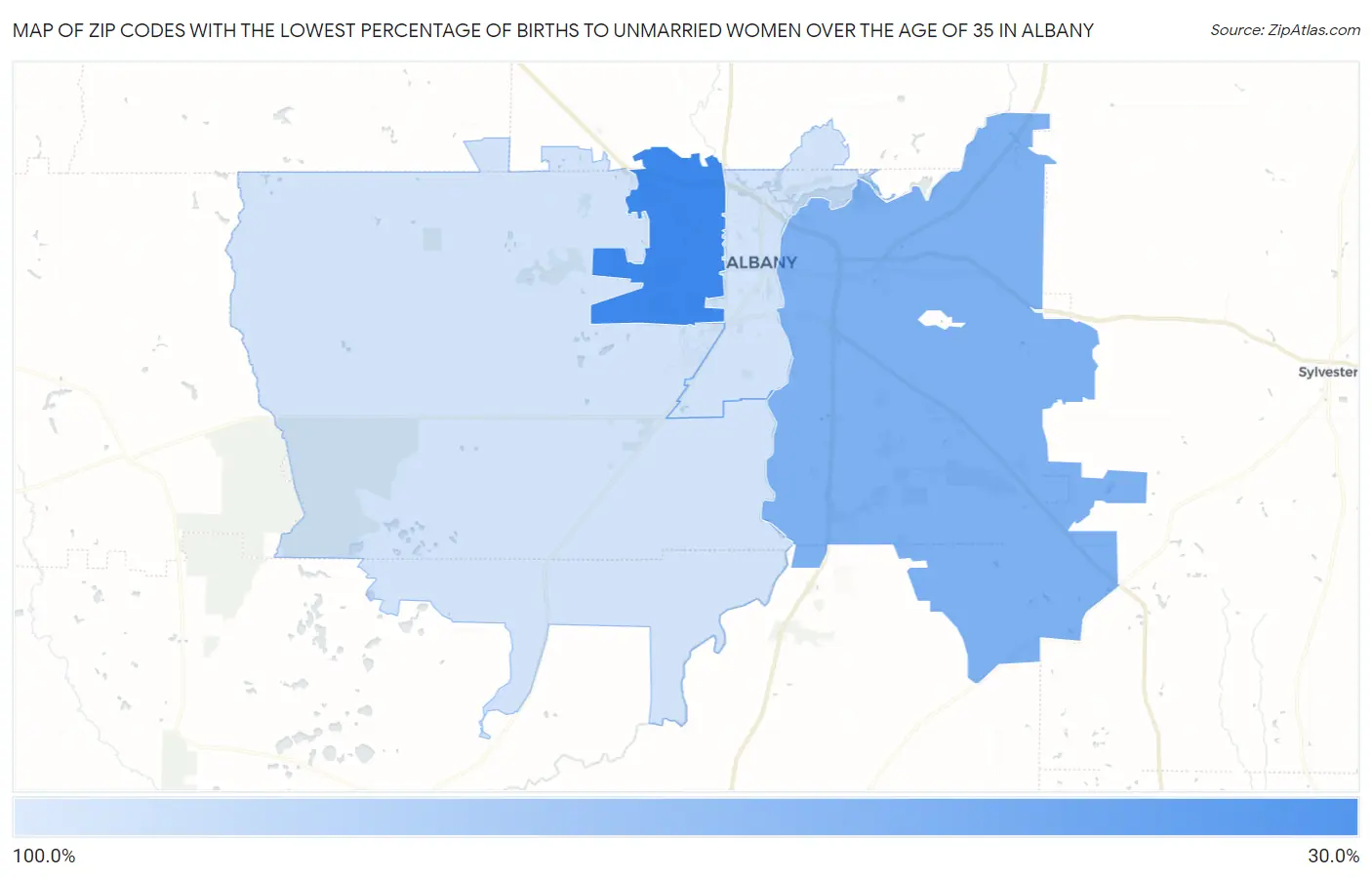Zip Codes with the Lowest Percentage of Births to Unmarried Women over the Age of 35 in Albany Map
