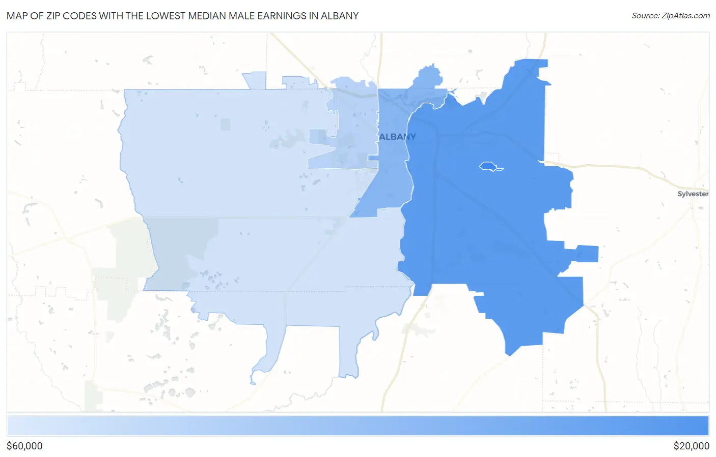 Zip Codes with the Lowest Median Male Earnings in Albany Map