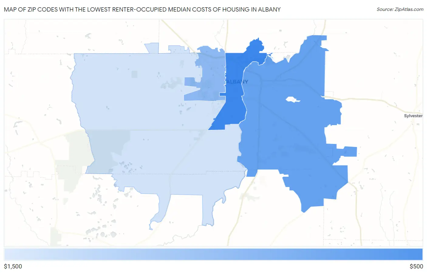 Zip Codes with the Lowest Renter-Occupied Median Costs of Housing in Albany Map
