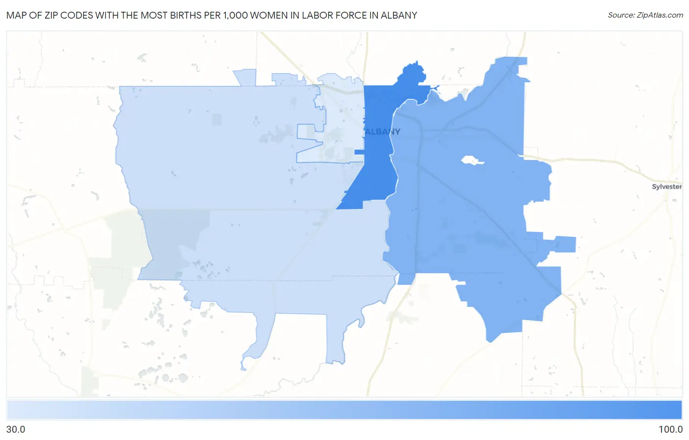 Zip Codes with the Most Births per 1,000 Women in Labor Force in Albany Map