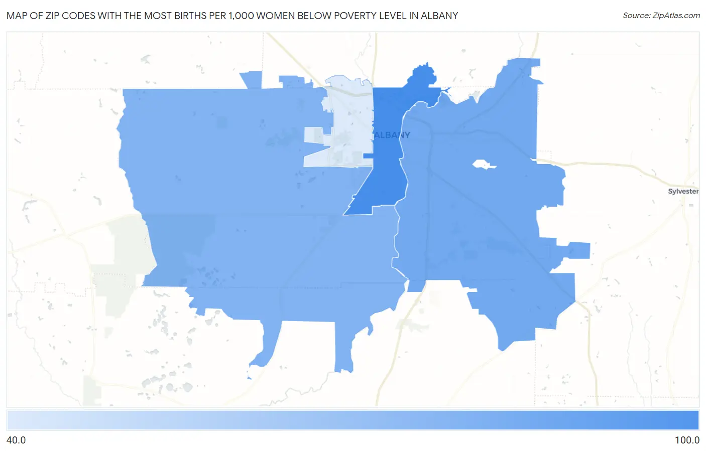Zip Codes with the Most Births per 1,000 Women Below Poverty Level in Albany Map