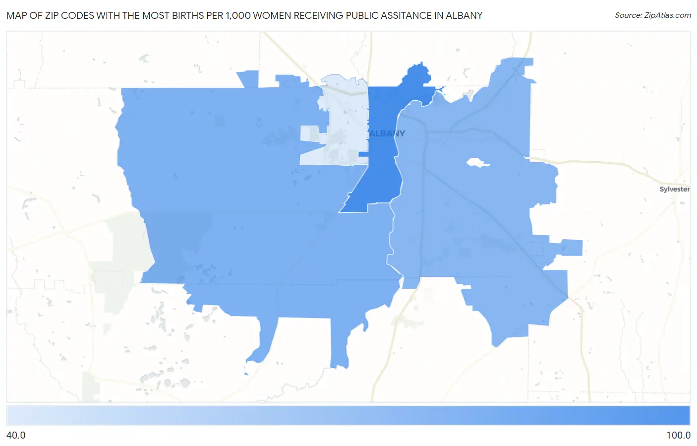 Zip Codes with the Most Births per 1,000 Women Receiving Public Assitance in Albany Map