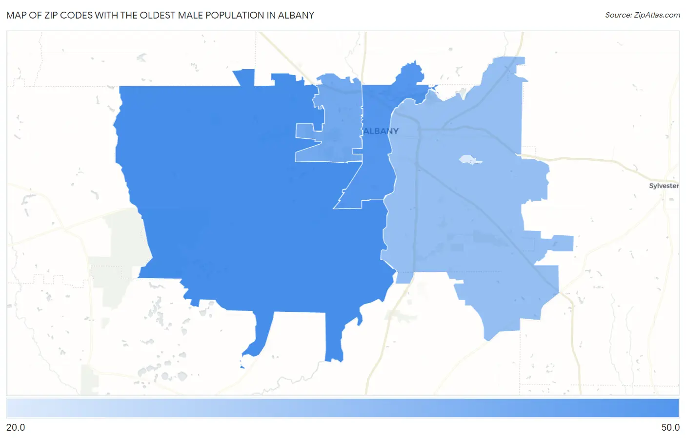 Zip Codes with the Oldest Male Population in Albany Map
