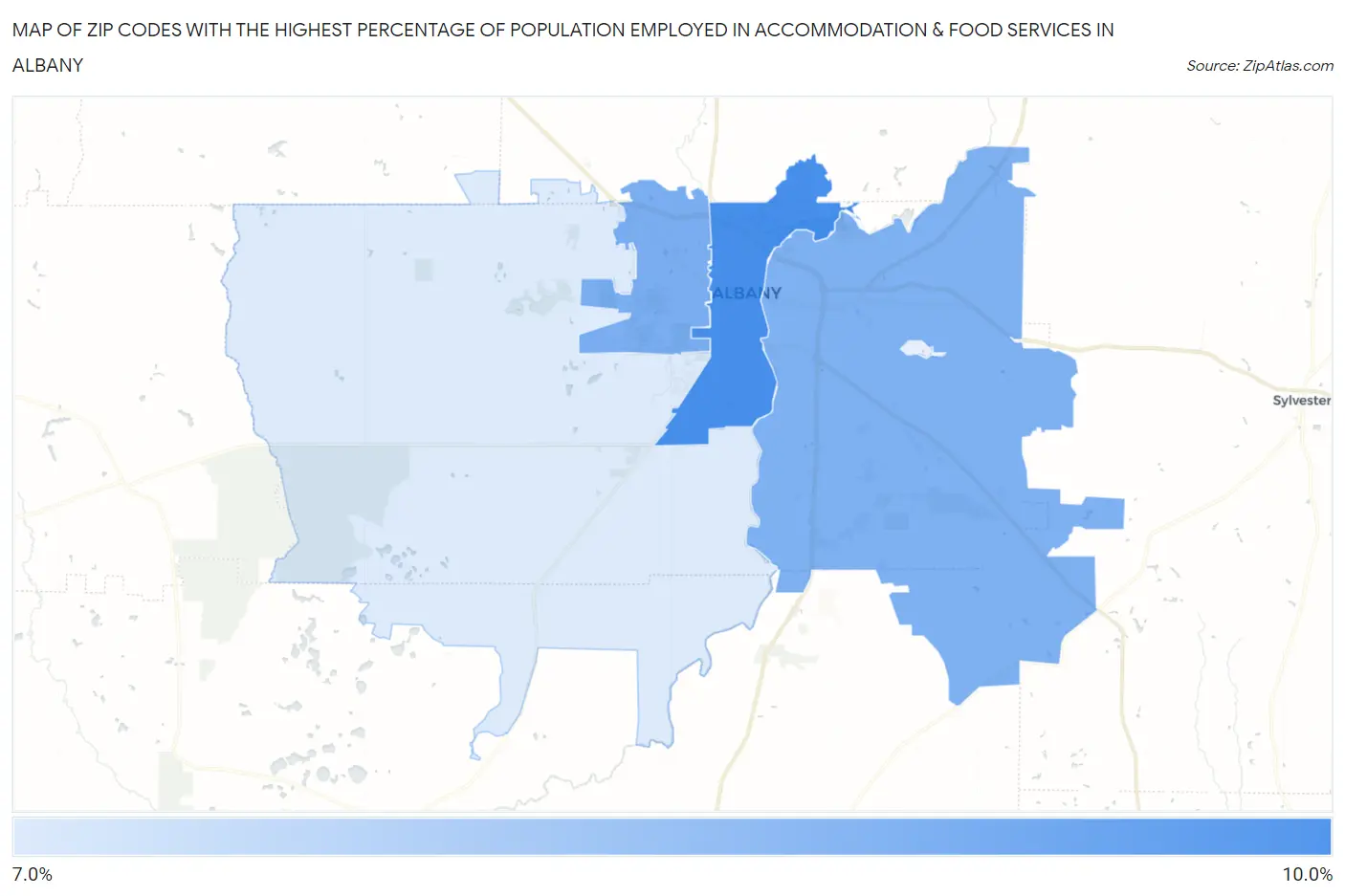 Zip Codes with the Highest Percentage of Population Employed in Accommodation & Food Services in Albany Map