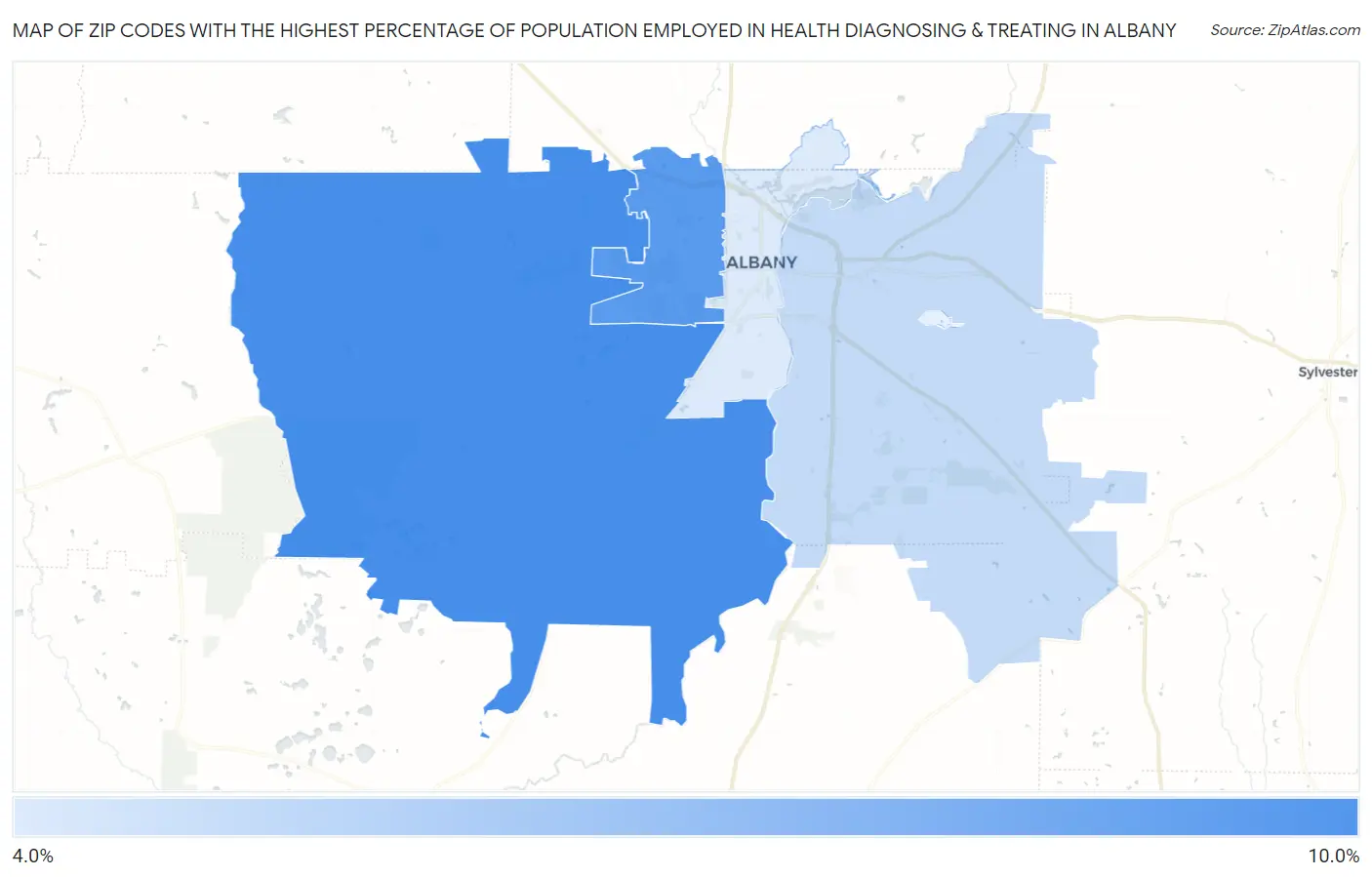Zip Codes with the Highest Percentage of Population Employed in Health Diagnosing & Treating in Albany Map