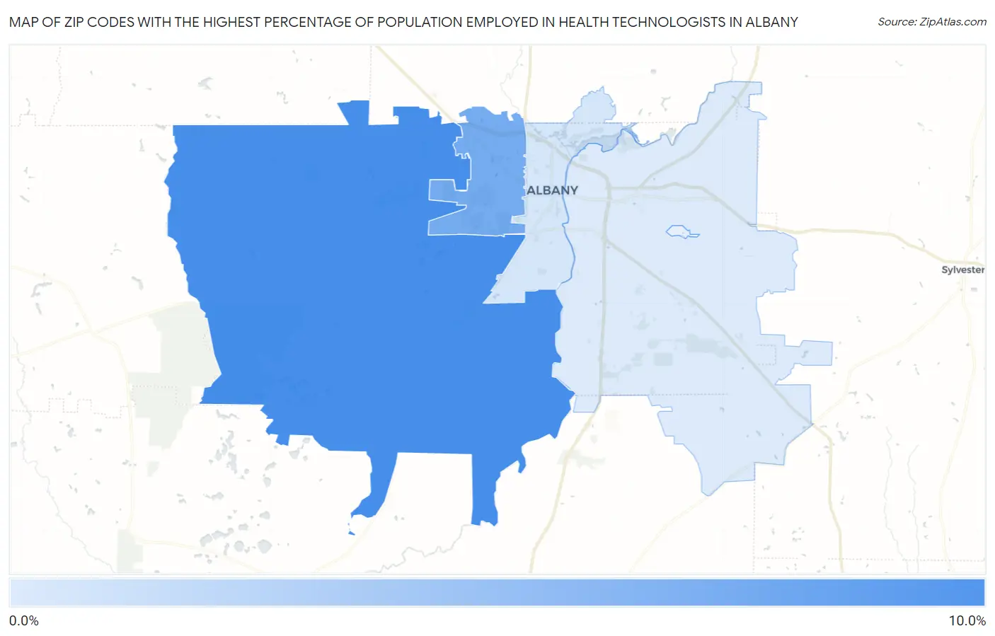Zip Codes with the Highest Percentage of Population Employed in Health Technologists in Albany Map