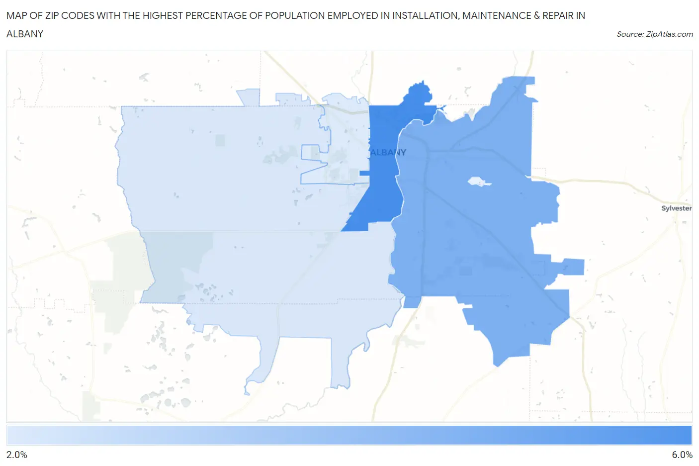 Zip Codes with the Highest Percentage of Population Employed in Installation, Maintenance & Repair in Albany Map