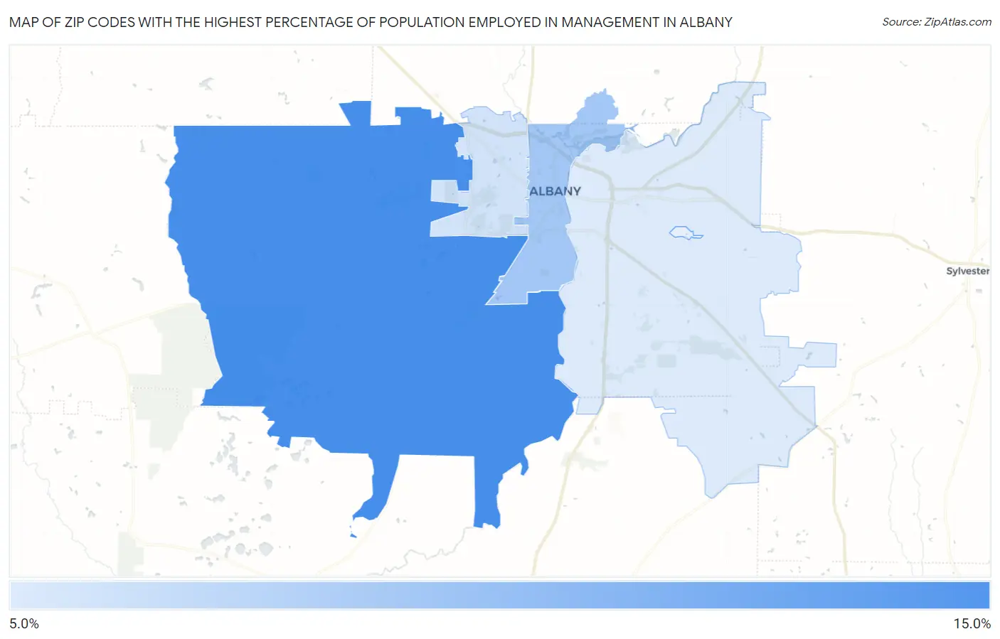 Zip Codes with the Highest Percentage of Population Employed in Management in Albany Map