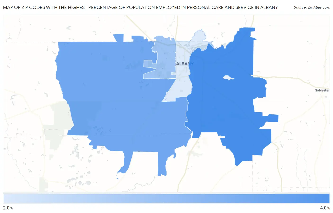 Zip Codes with the Highest Percentage of Population Employed in Personal Care and Service in Albany Map