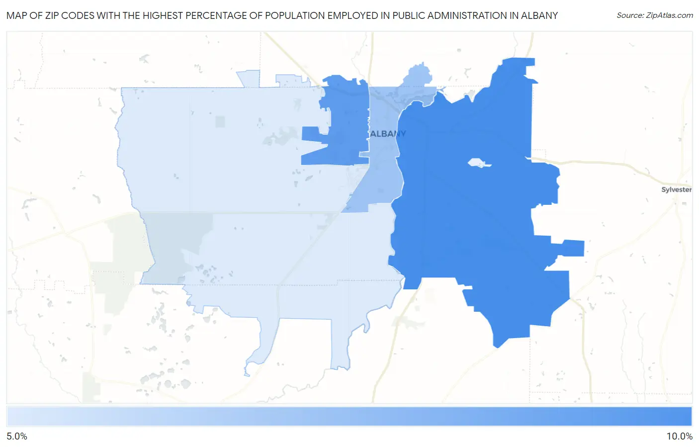 Zip Codes with the Highest Percentage of Population Employed in Public Administration in Albany Map