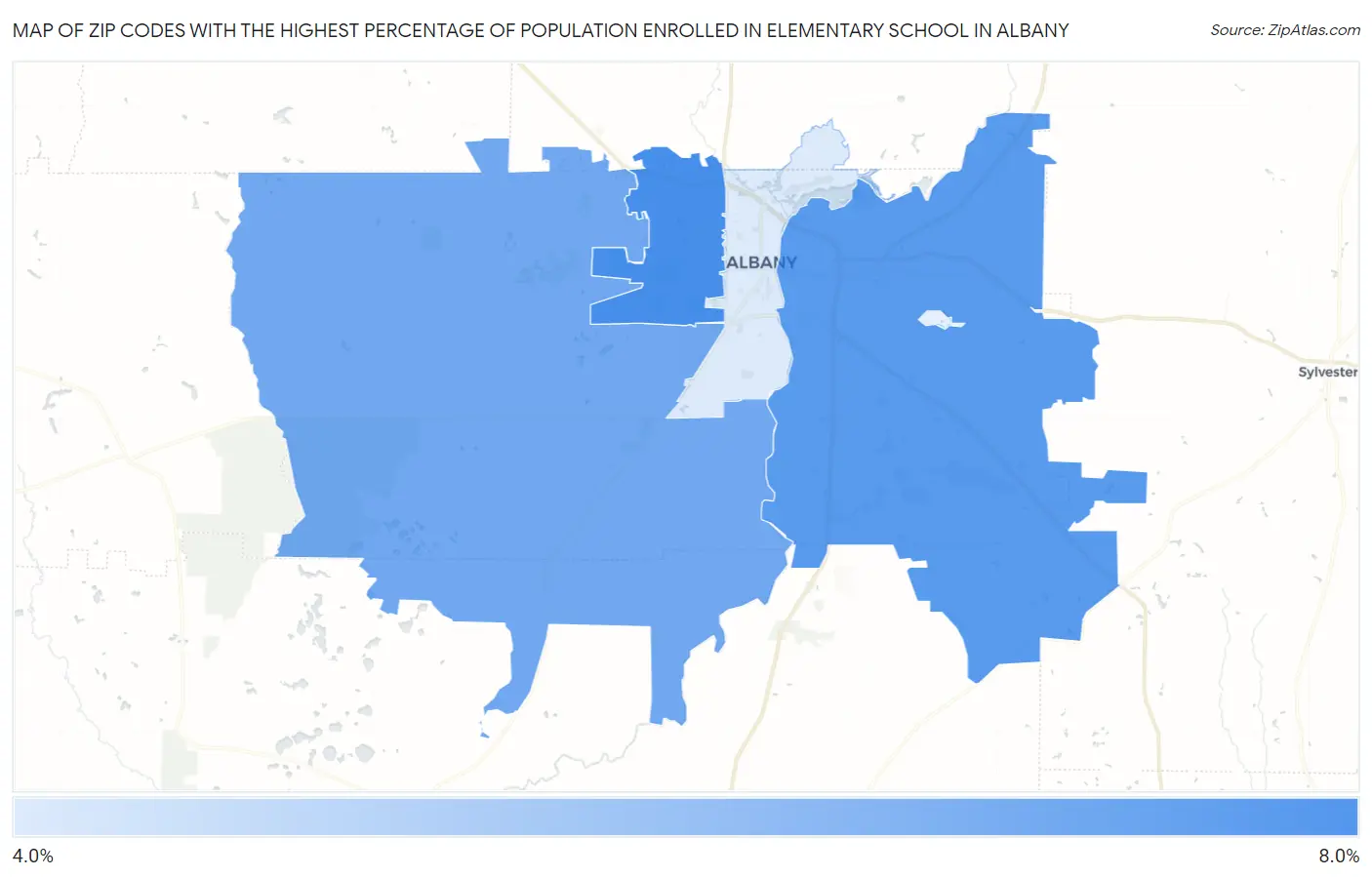 Zip Codes with the Highest Percentage of Population Enrolled in Elementary School in Albany Map