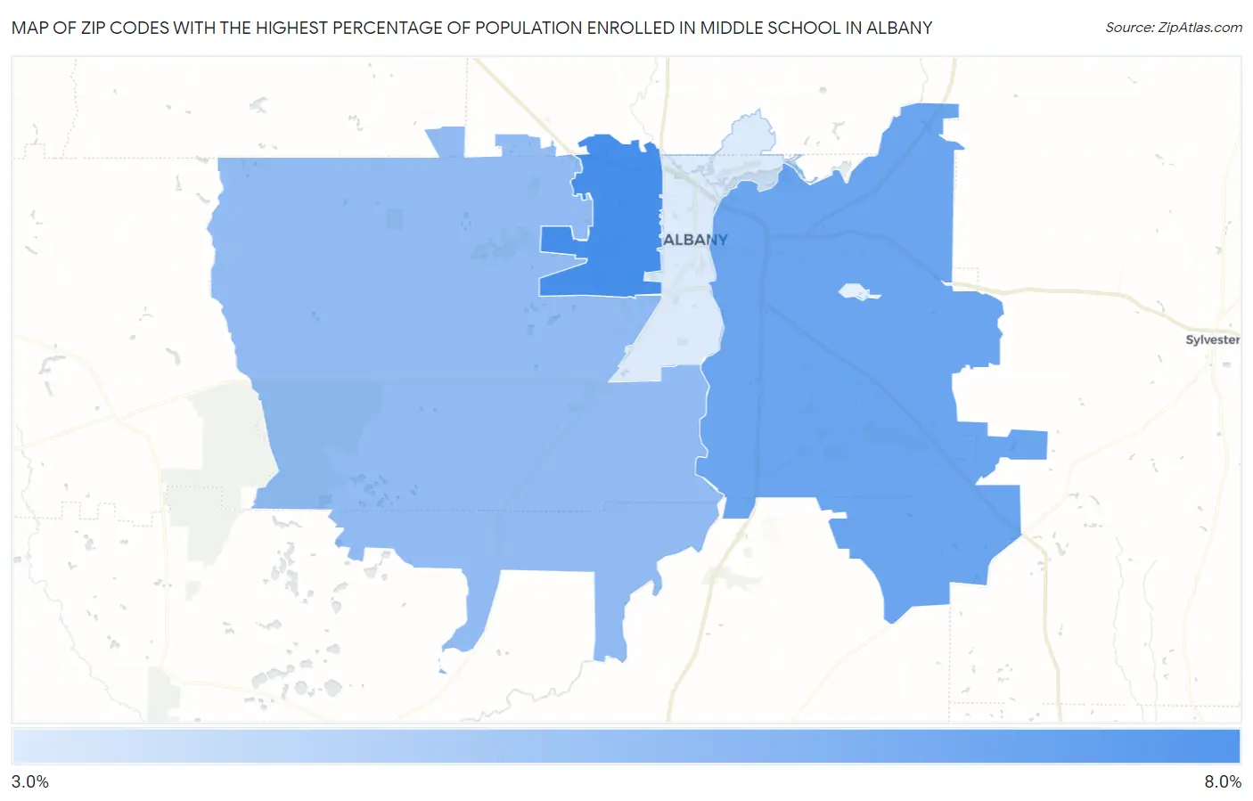 Zip Codes with the Highest Percentage of Population Enrolled in Middle School in Albany Map
