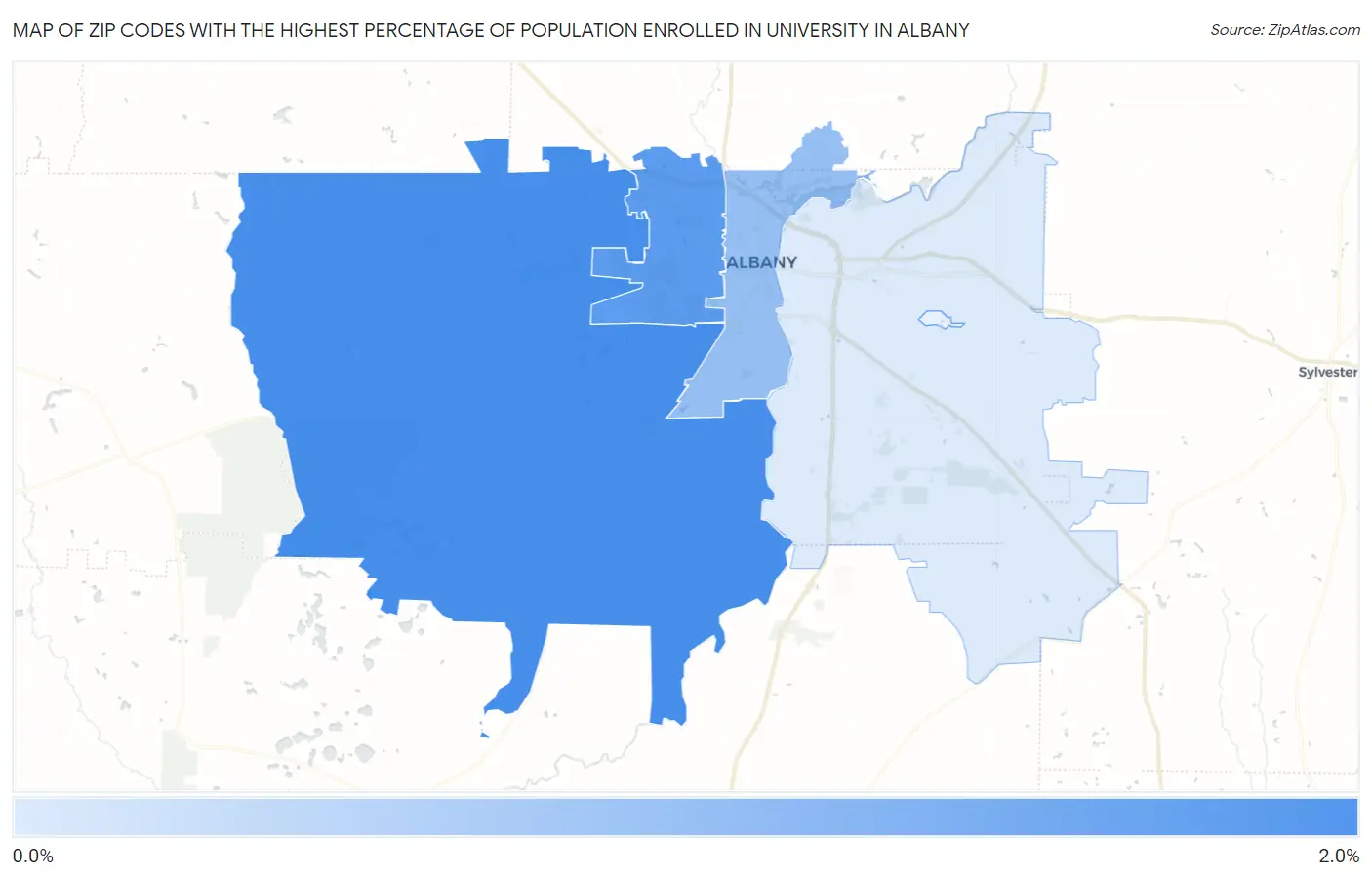 Zip Codes with the Highest Percentage of Population Enrolled in University in Albany Map