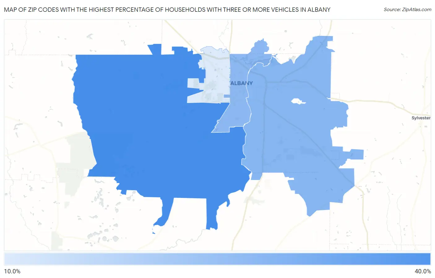 Zip Codes with the Highest Percentage of Households With Three or more Vehicles in Albany Map