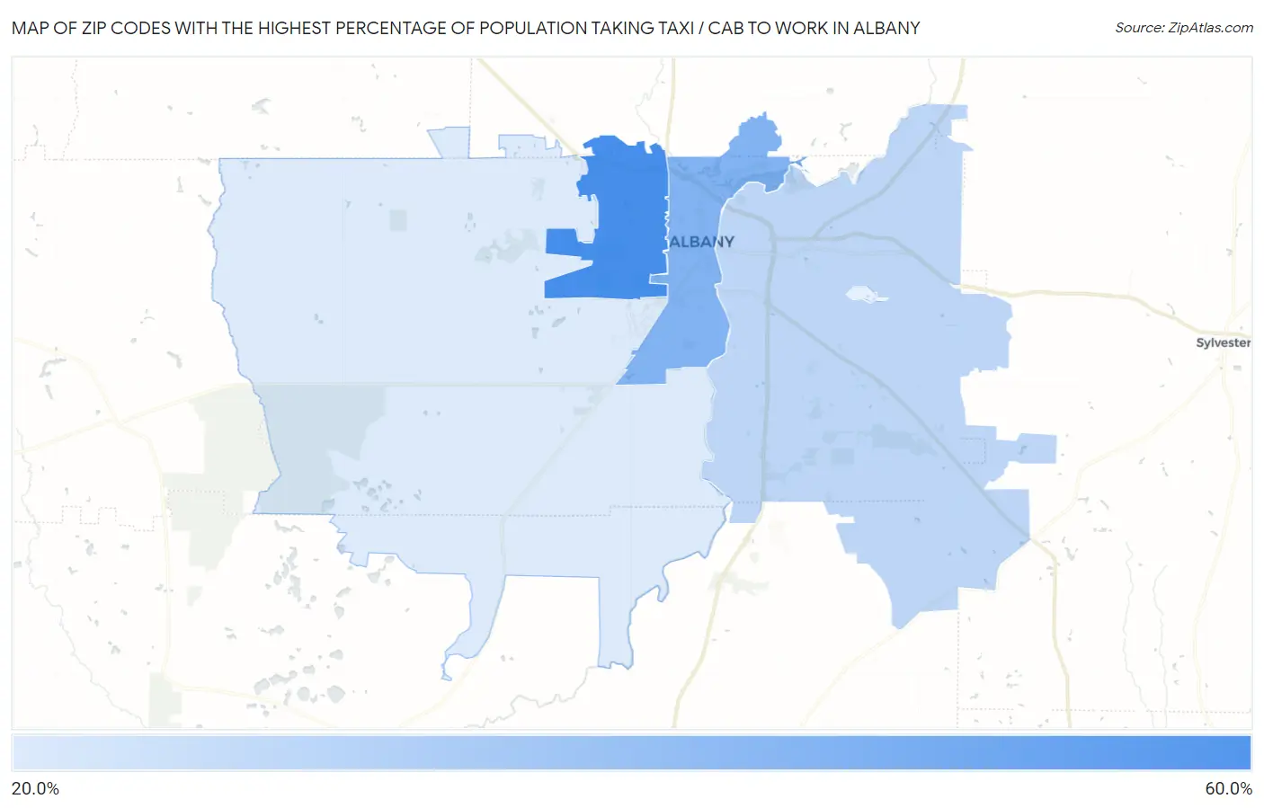 Zip Codes with the Highest Percentage of Population Taking Taxi / Cab to Work in Albany Map