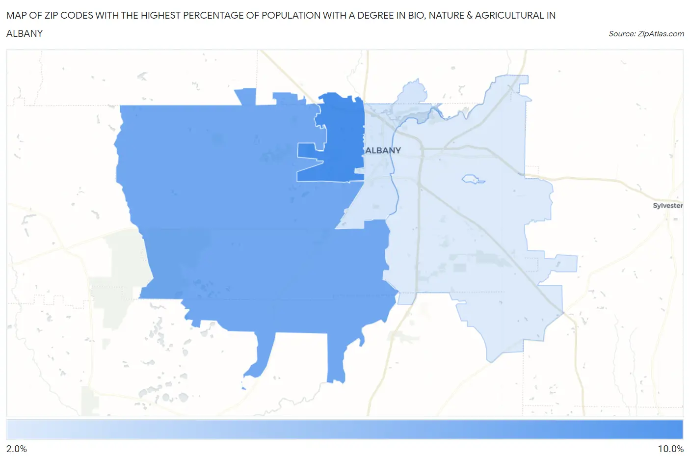 Zip Codes with the Highest Percentage of Population with a Degree in Bio, Nature & Agricultural in Albany Map