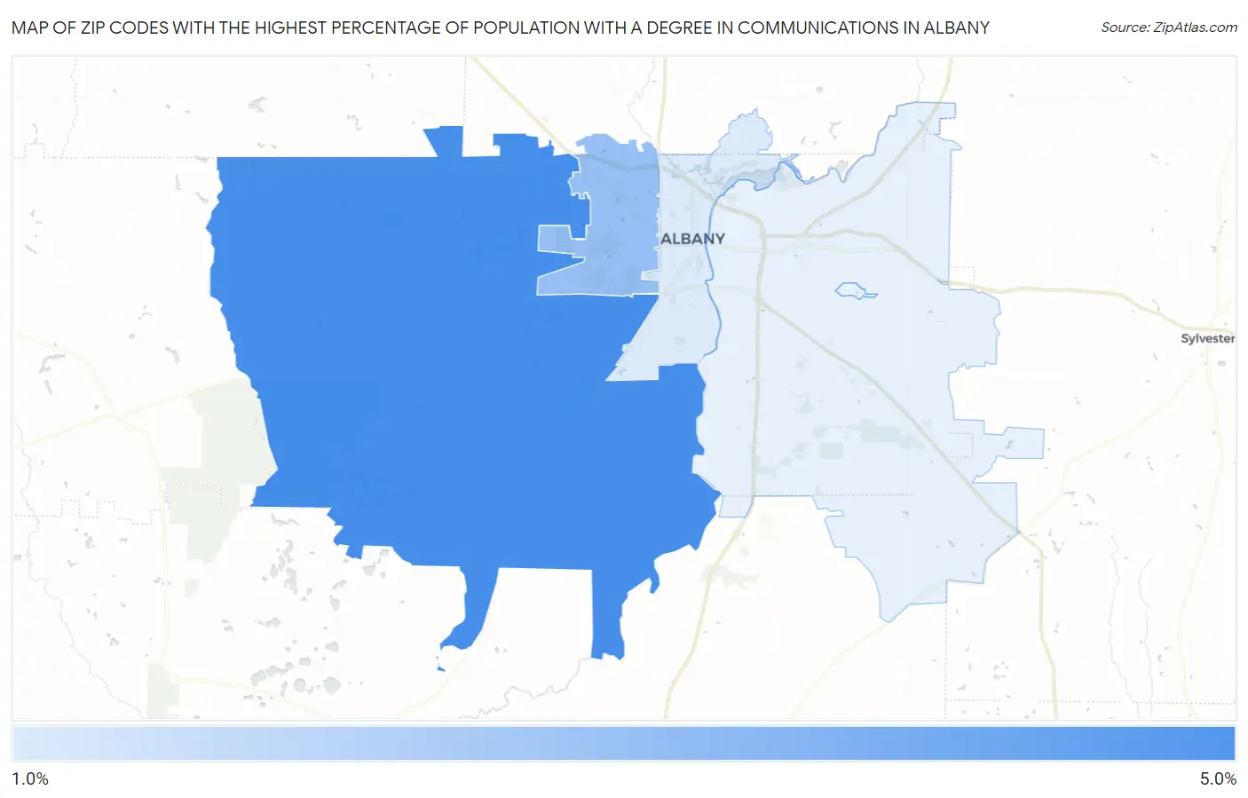 Zip Codes with the Highest Percentage of Population with a Degree in Communications in Albany Map