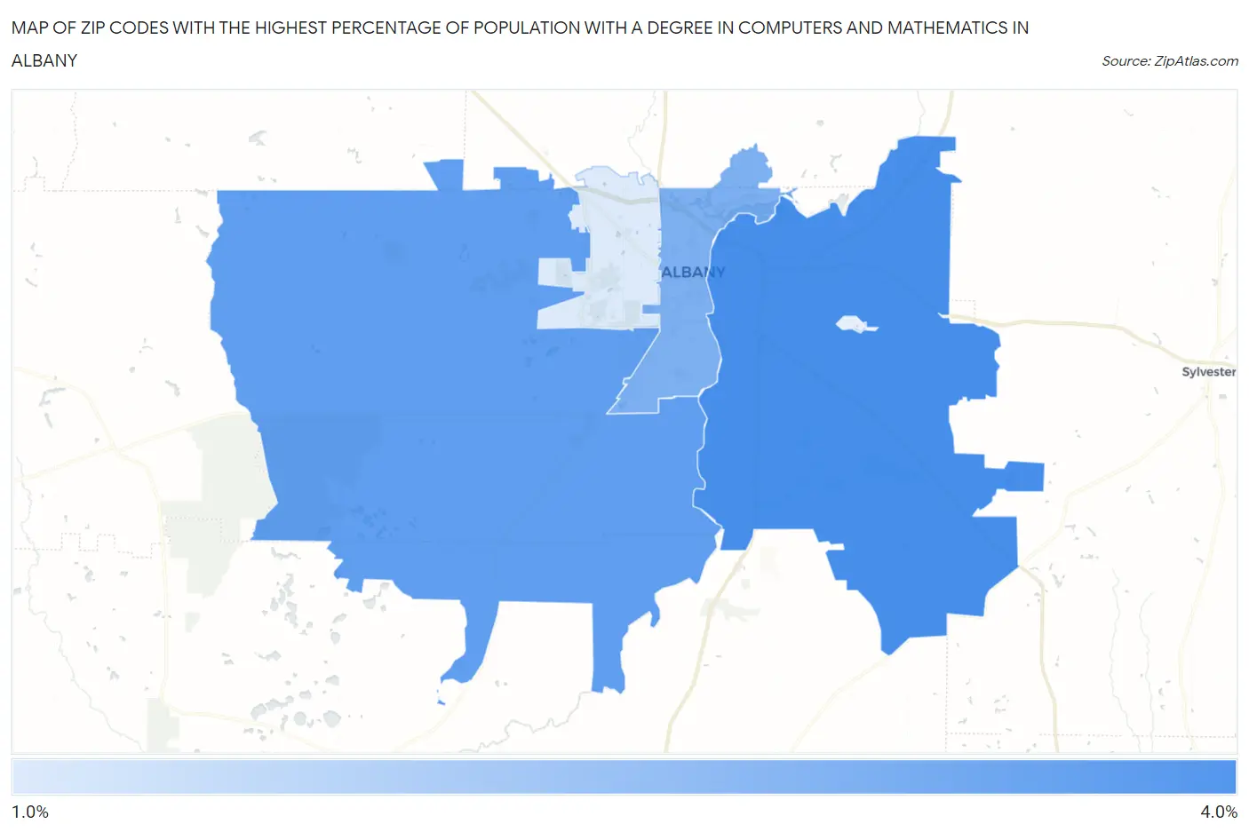 Zip Codes with the Highest Percentage of Population with a Degree in Computers and Mathematics in Albany Map
