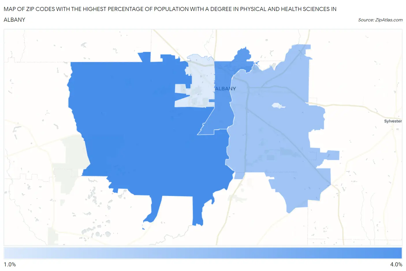 Zip Codes with the Highest Percentage of Population with a Degree in Physical and Health Sciences in Albany Map