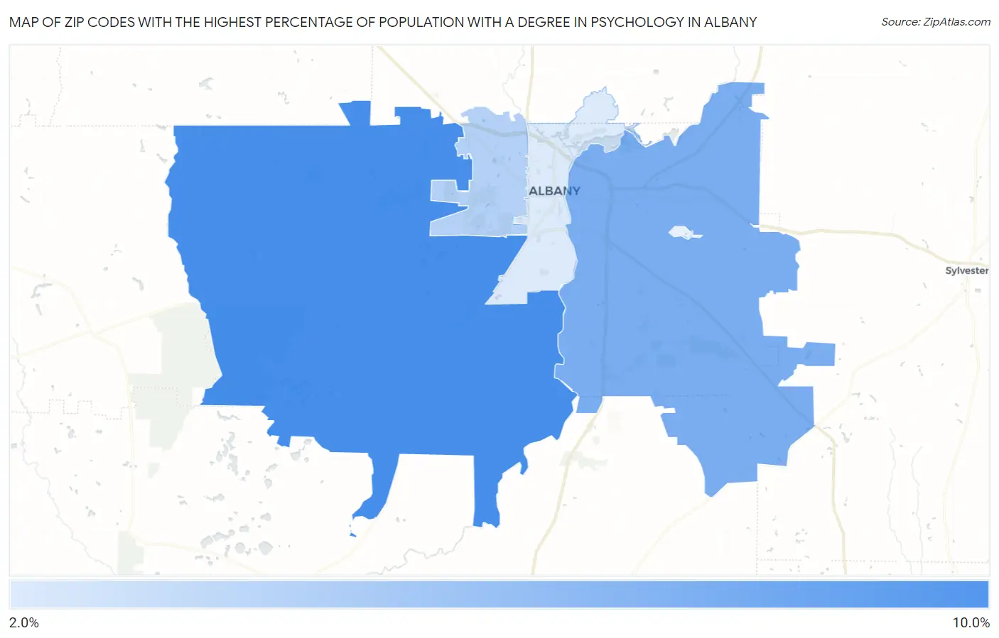 Zip Codes with the Highest Percentage of Population with a Degree in Psychology in Albany Map
