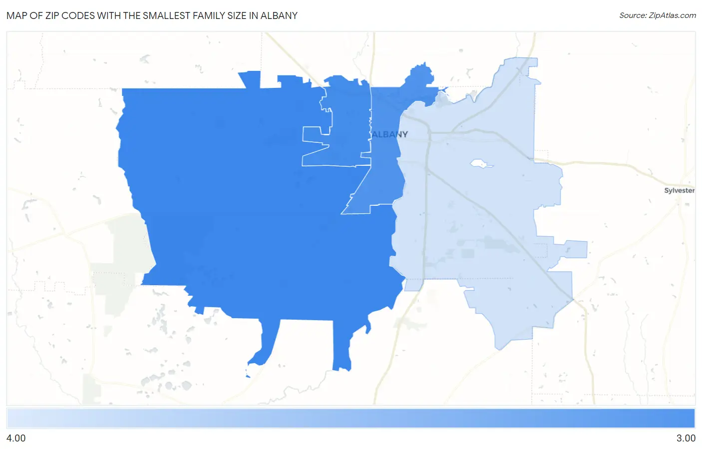 Zip Codes with the Smallest Family Size in Albany Map