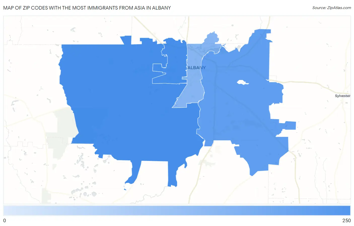 Zip Codes with the Most Immigrants from Asia in Albany Map