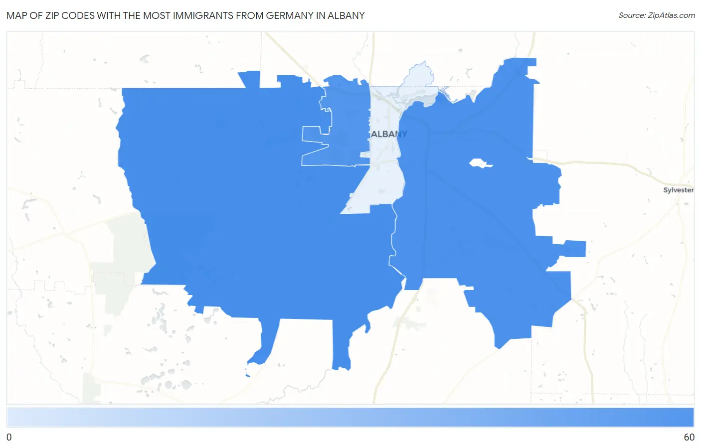 Zip Codes with the Most Immigrants from Germany in Albany Map