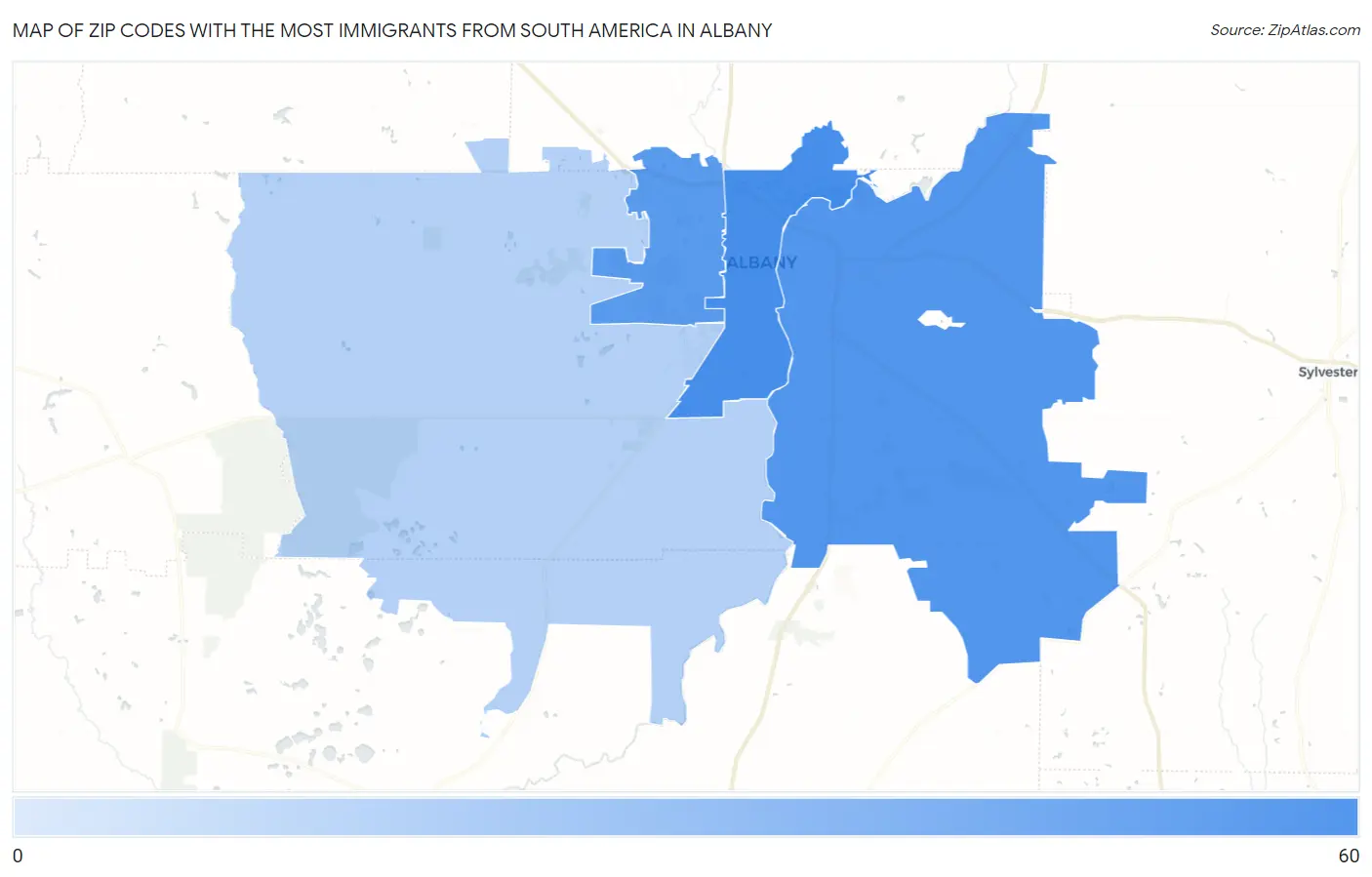 Zip Codes with the Most Immigrants from South America in Albany Map