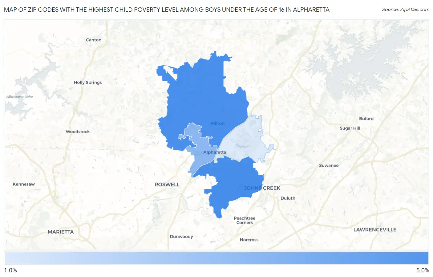 Zip Codes with the Highest Child Poverty Level Among Boys Under the Age of 16 in Alpharetta Map