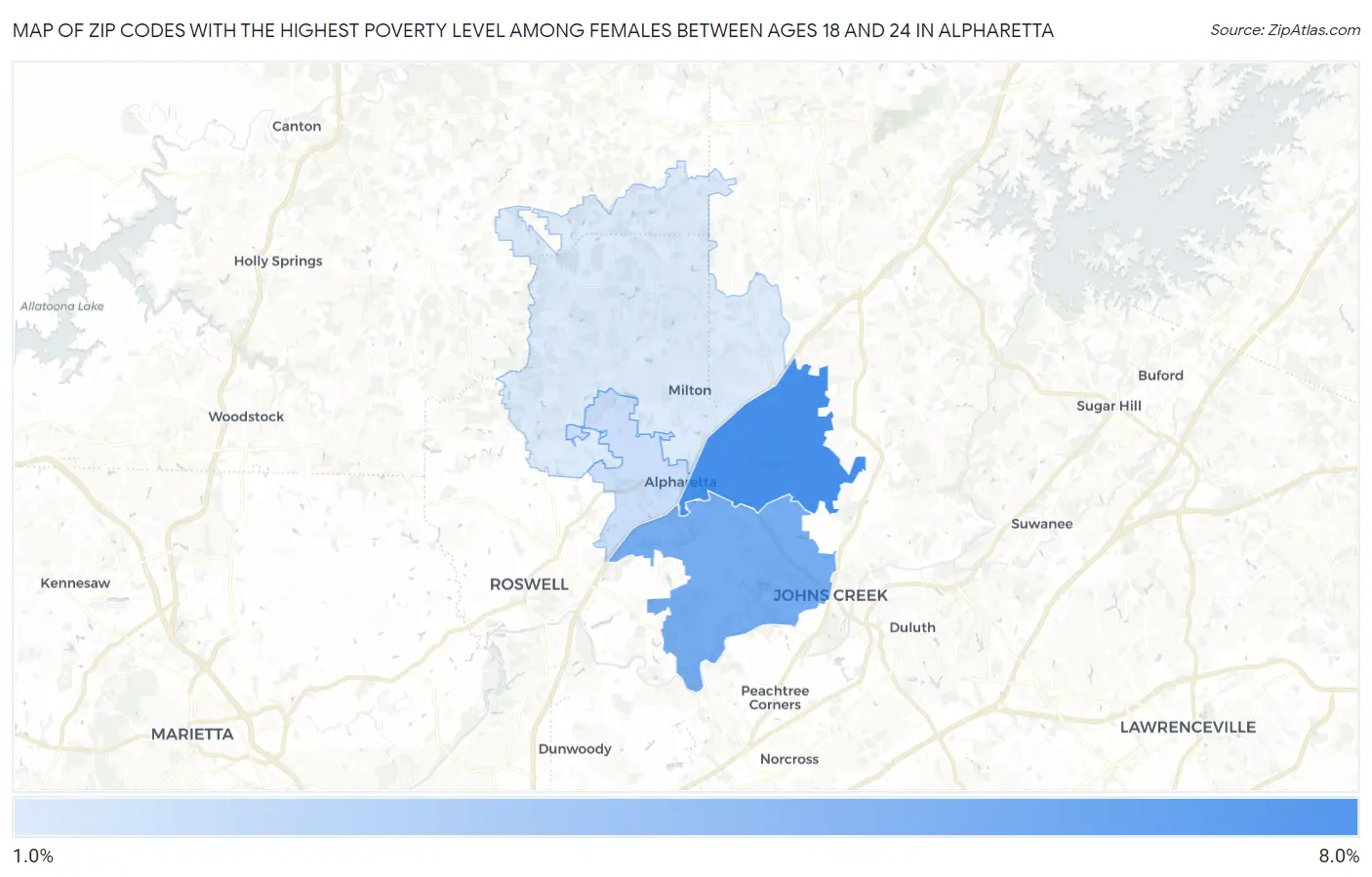 Zip Codes with the Highest Poverty Level Among Females Between Ages 18 and 24 in Alpharetta Map