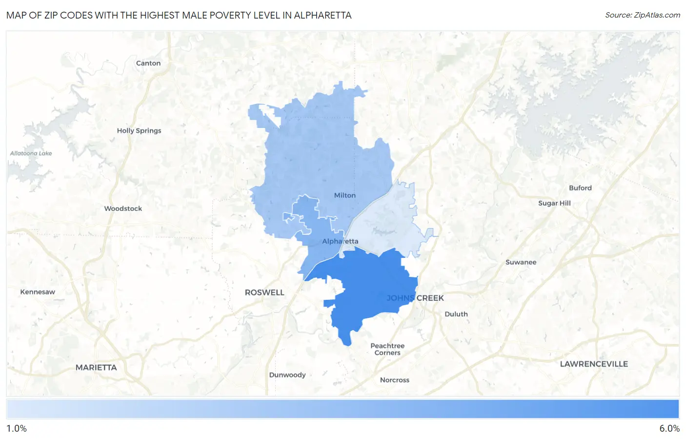 Zip Codes with the Highest Male Poverty Level in Alpharetta Map