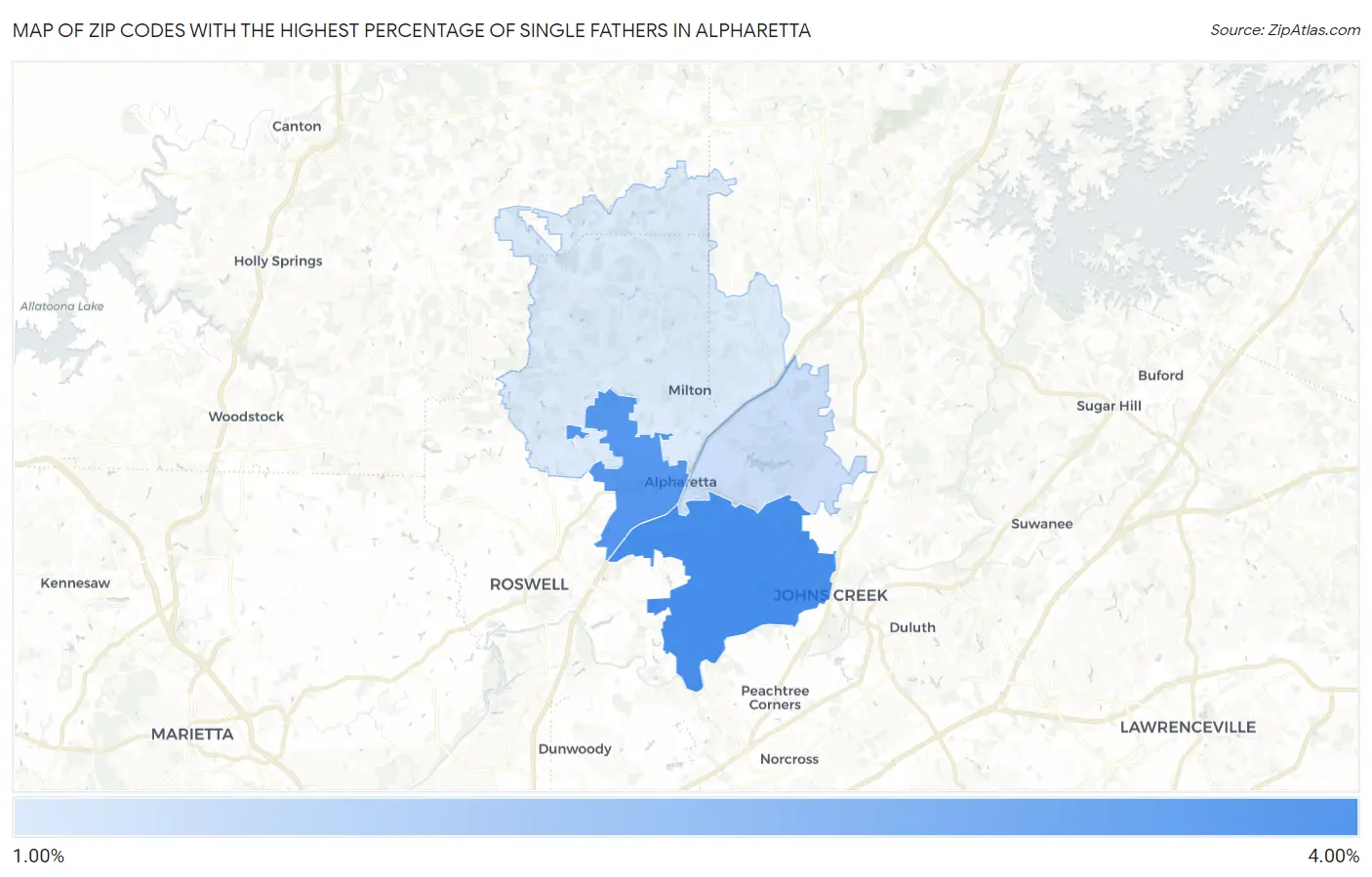 Zip Codes with the Highest Percentage of Single Fathers in Alpharetta Map