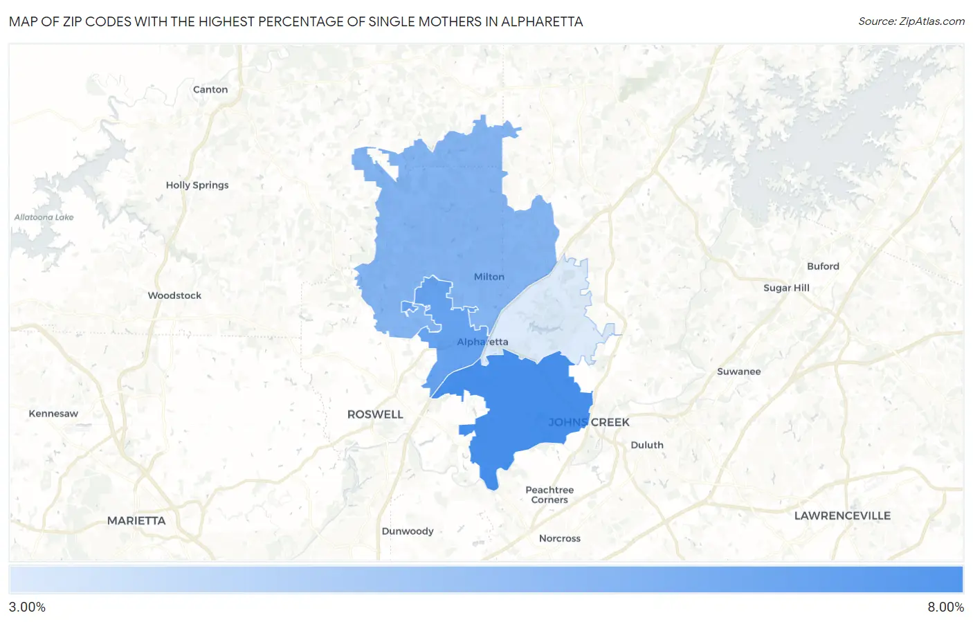 Zip Codes with the Highest Percentage of Single Mothers in Alpharetta Map