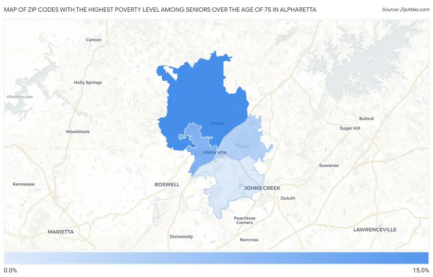 Zip Codes with the Highest Poverty Level Among Seniors Over the Age of 75 in Alpharetta Map