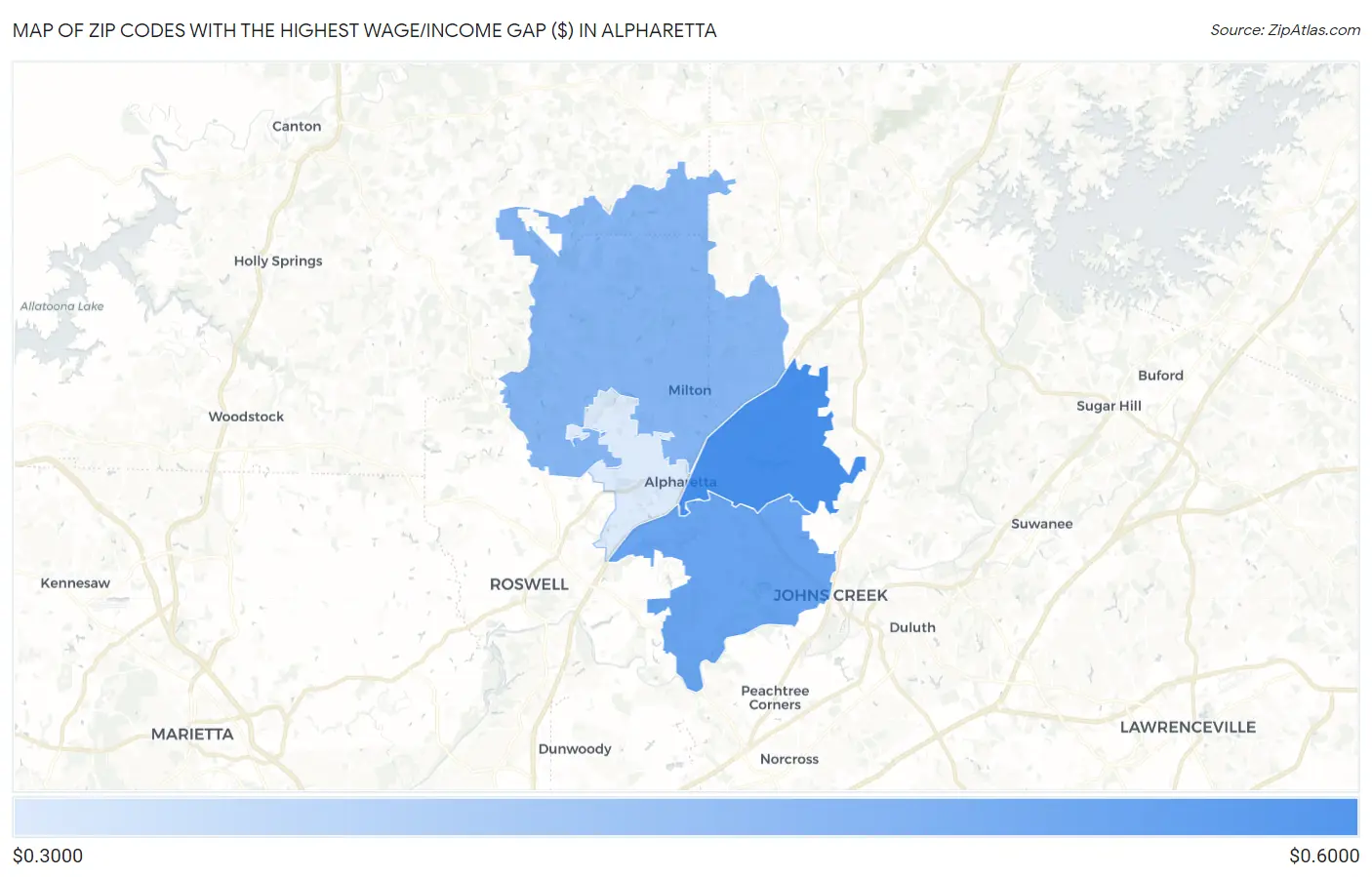 Zip Codes with the Highest Wage/Income Gap ($) in Alpharetta Map