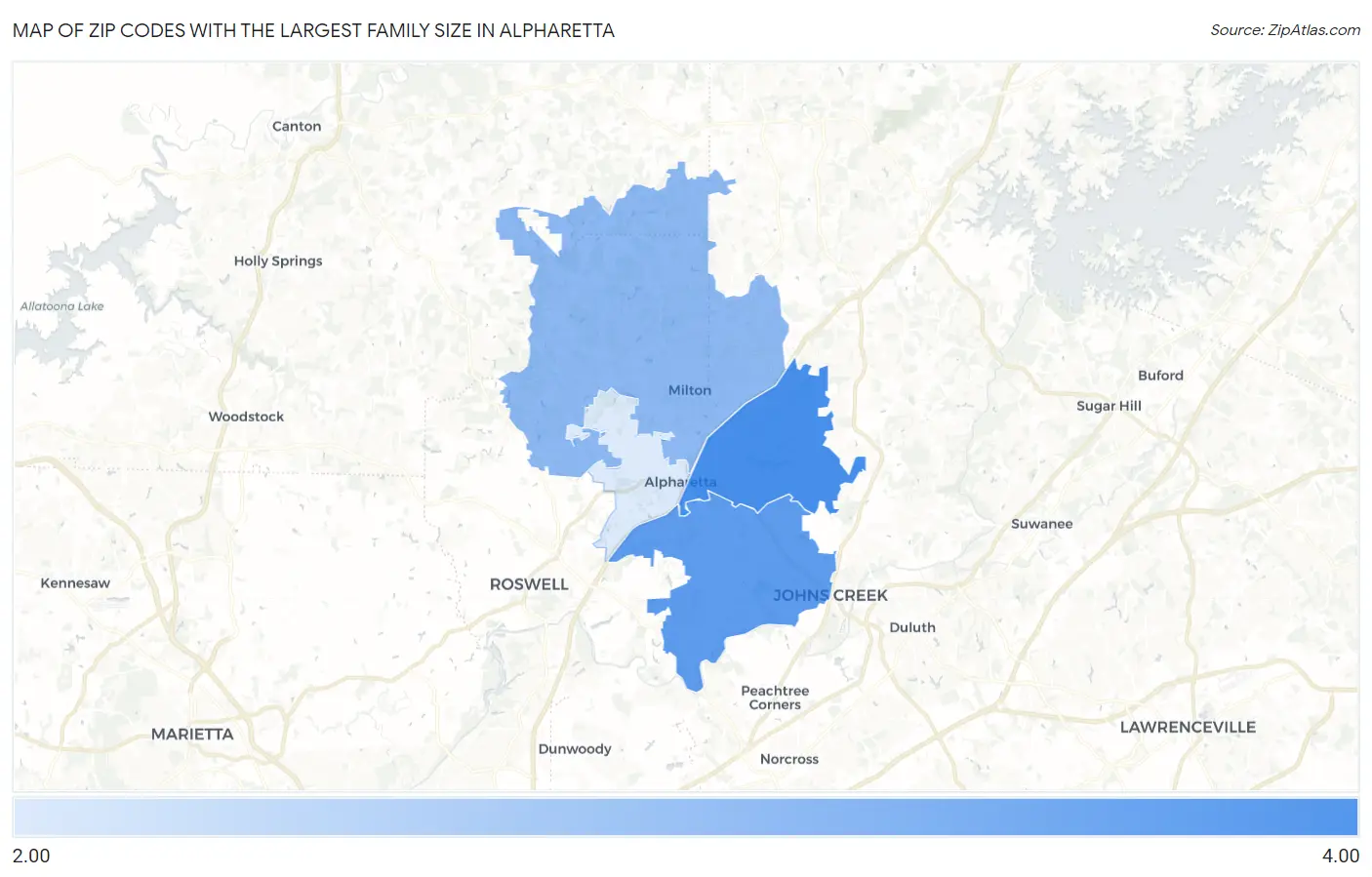 Zip Codes with the Largest Family Size in Alpharetta Map