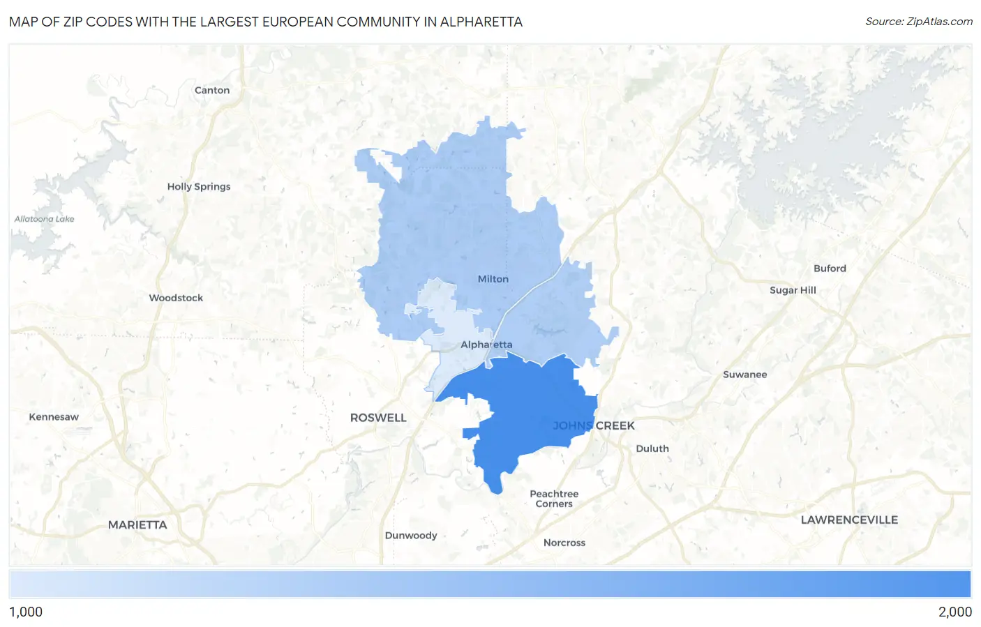 Zip Codes with the Largest European Community in Alpharetta Map