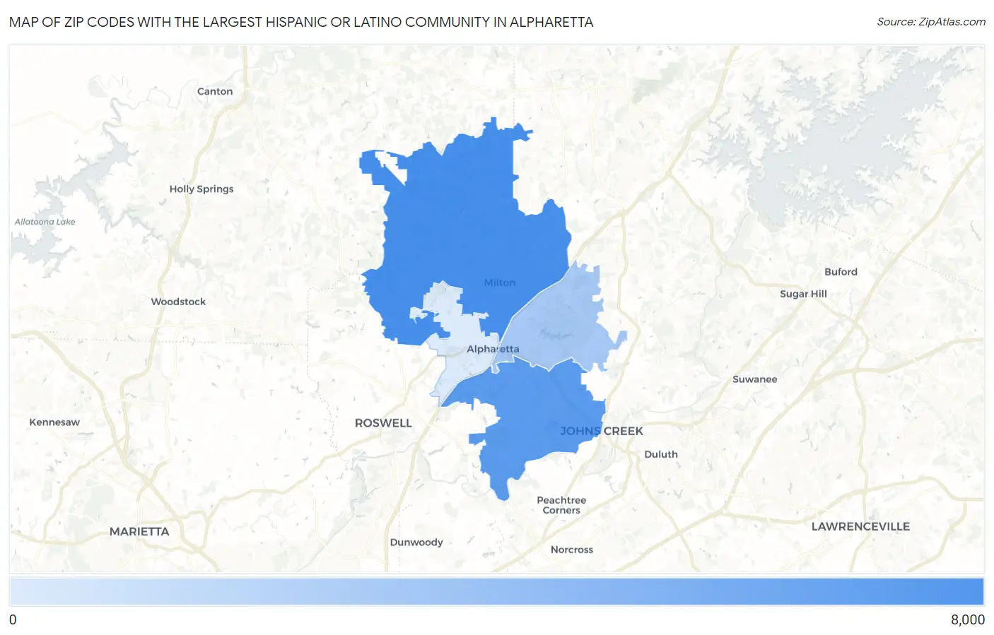 Zip Codes with the Largest Hispanic or Latino Community in Alpharetta Map