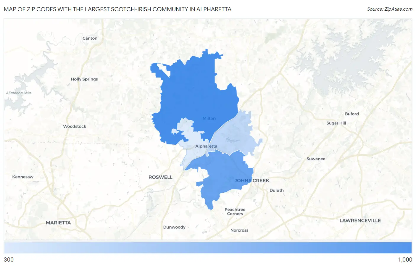 Zip Codes with the Largest Scotch-Irish Community in Alpharetta Map
