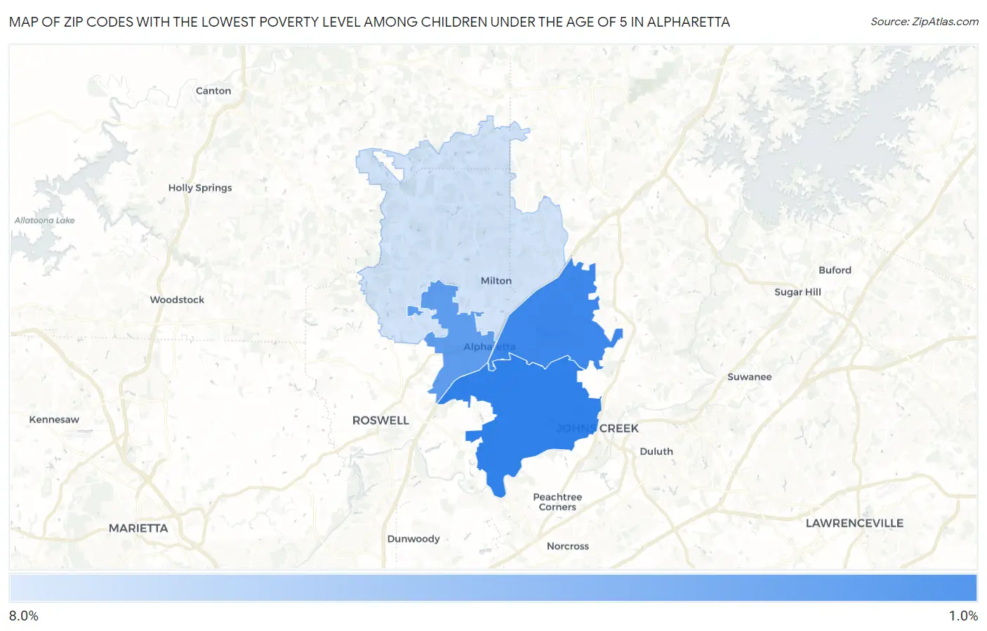 Zip Codes with the Lowest Poverty Level Among Children Under the Age of 5 in Alpharetta Map