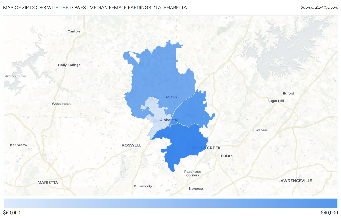 Zip Codes with the Lowest Median Female Earnings in Alpharetta Map