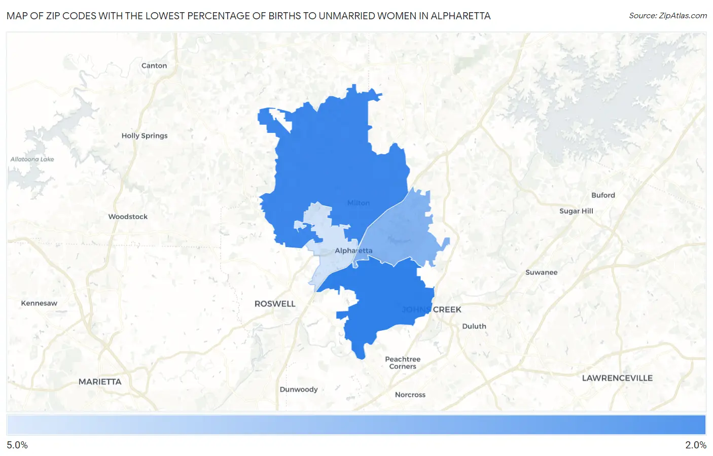Zip Codes with the Lowest Percentage of Births to Unmarried Women in Alpharetta Map